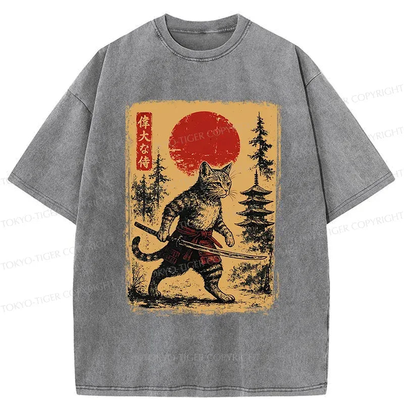 Kyoto-Lion Stray Cat Samurai Washed T-Shirt