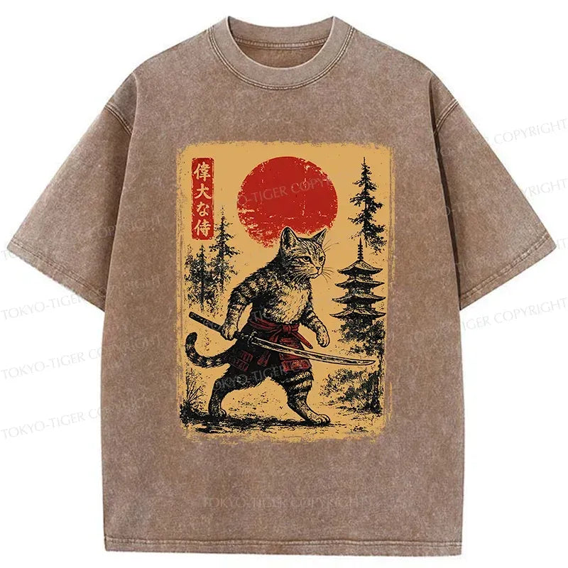 Kyoto-Lion Stray Cat Samurai Washed T-Shirt
