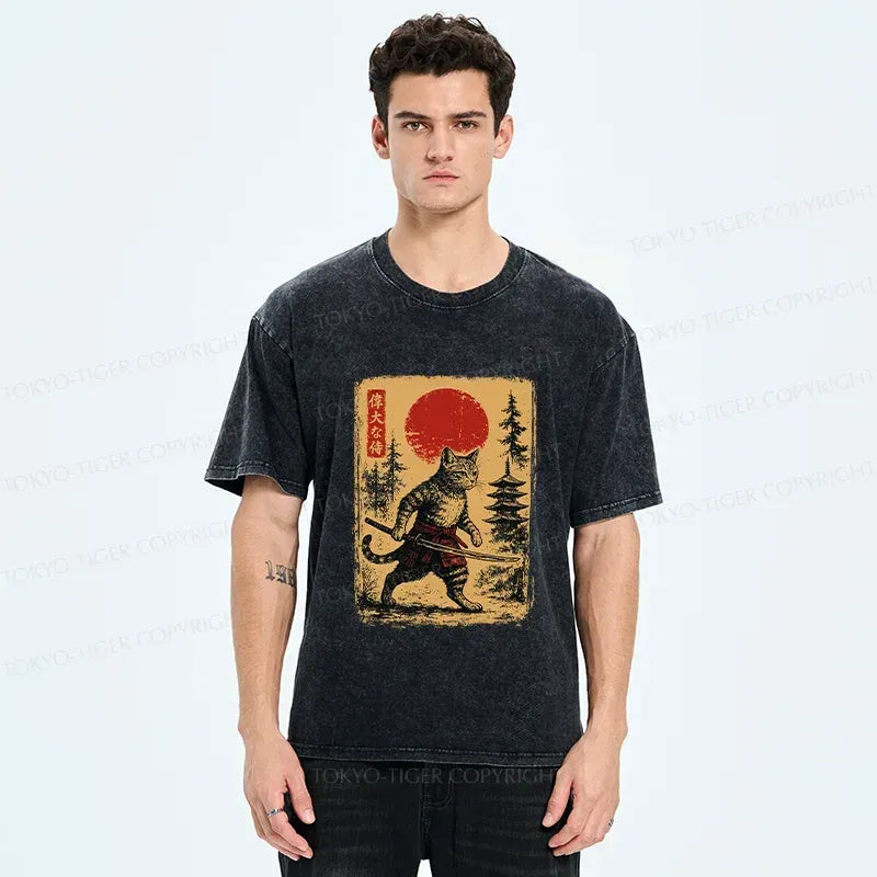 Kyoto-Lion Stray Cat Samurai Washed T-Shirt