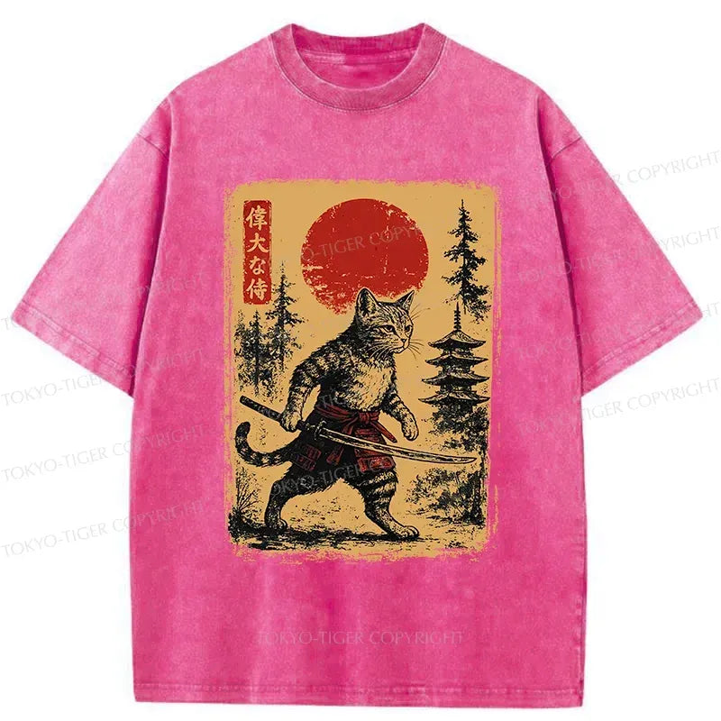 Kyoto-Lion Stray Cat Samurai Washed T-Shirt