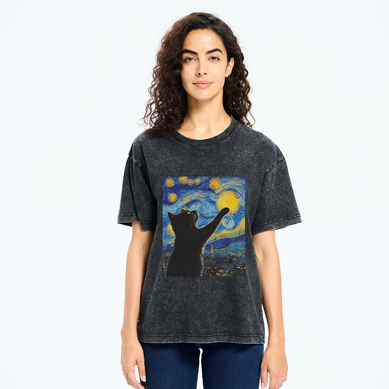 japanese black cat touch moon t-shirt