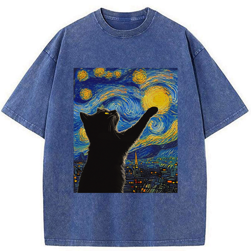 washed black cat tee for daily wear