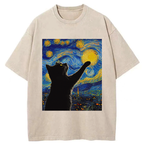 japanese black cat touch moon t-shirt