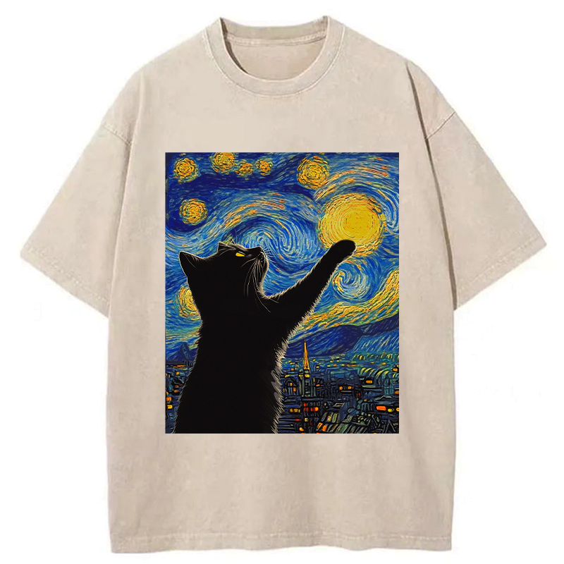 japanese black cat touch moon t-shirt