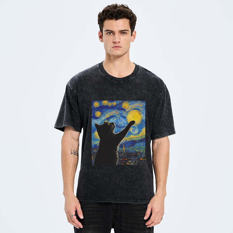 Kyoto-Lion Black Cat Touch The Moon Washed T-Shirt