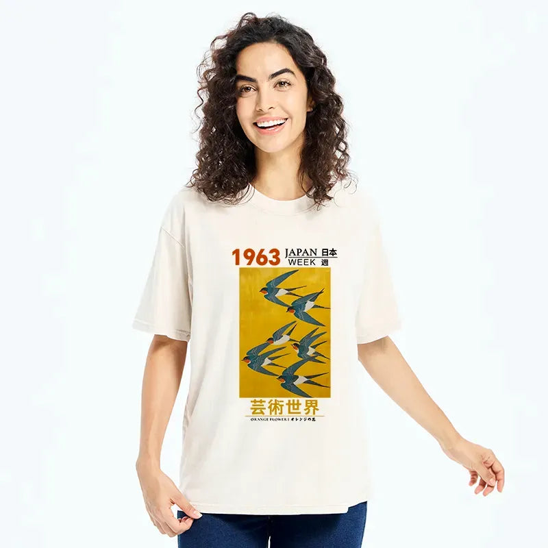 Japanese Swallow Washed T-Shirt for Summer