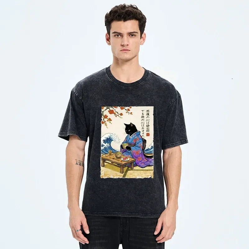 Kyoto-Lion Black Cat Tea Ceremony Japan Washed T-Shirt