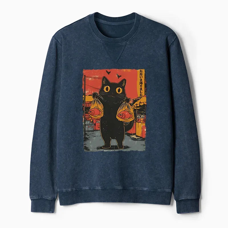 Kyoto-Lion Cat Fishing Japanese Washed Terry Sweatshirt