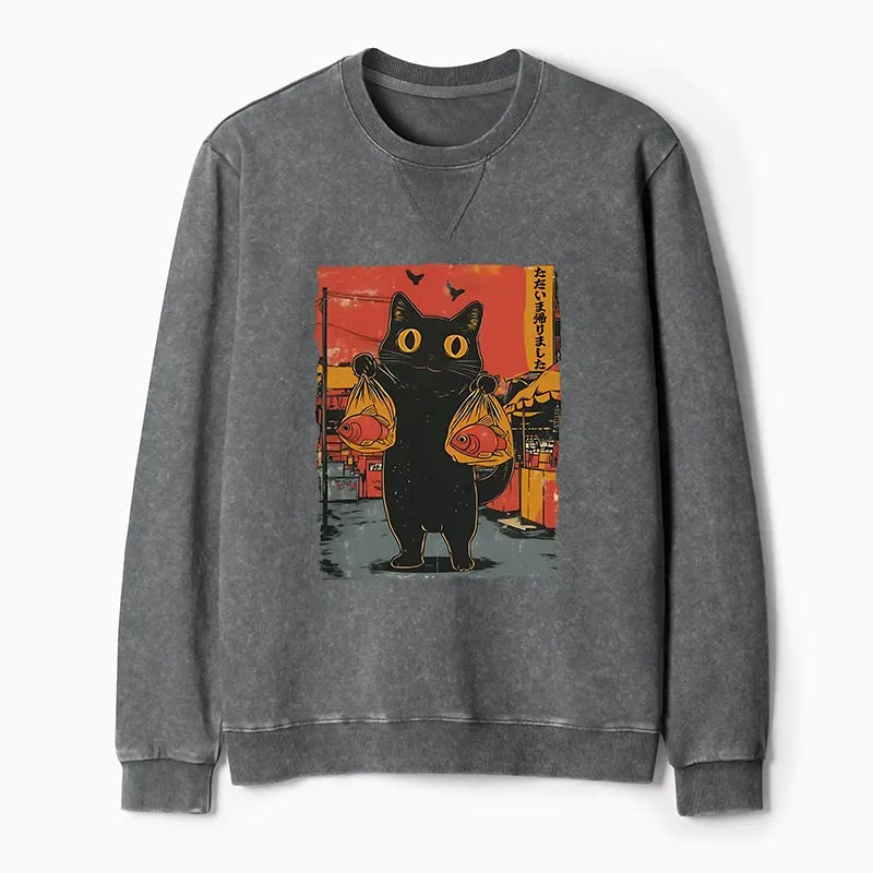 Kyoto-Lion Cat Fishing Japanese Washed Terry Sweatshirt