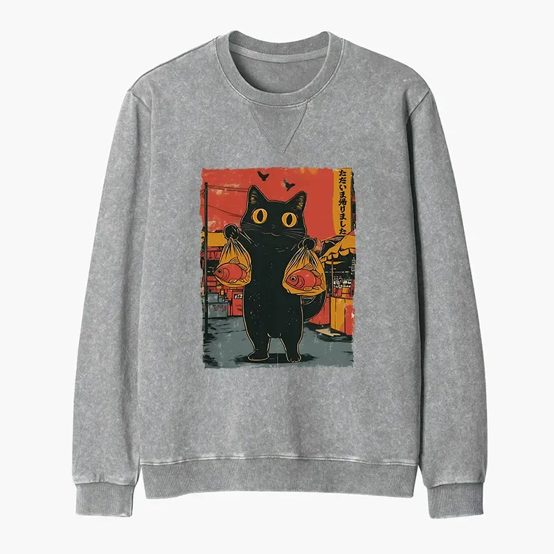 Washed Terry Cat Sweatshirt Casual Style