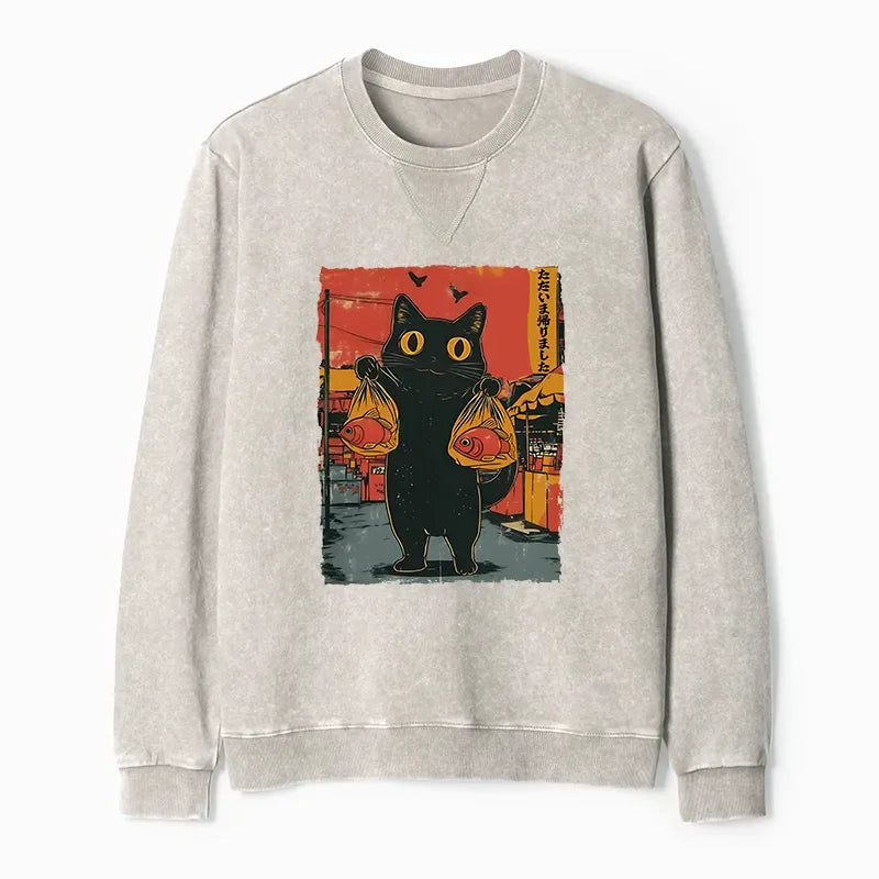 Washed Terry Cat Sweatshirt Casual Style