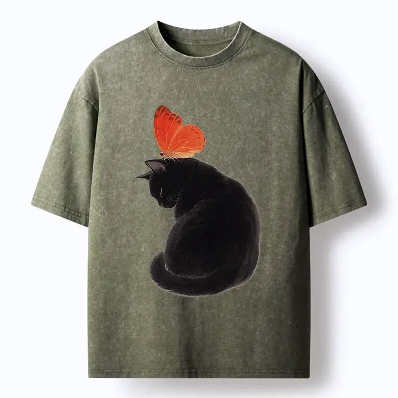 Japanese Black Cat Washed T-Shirt
