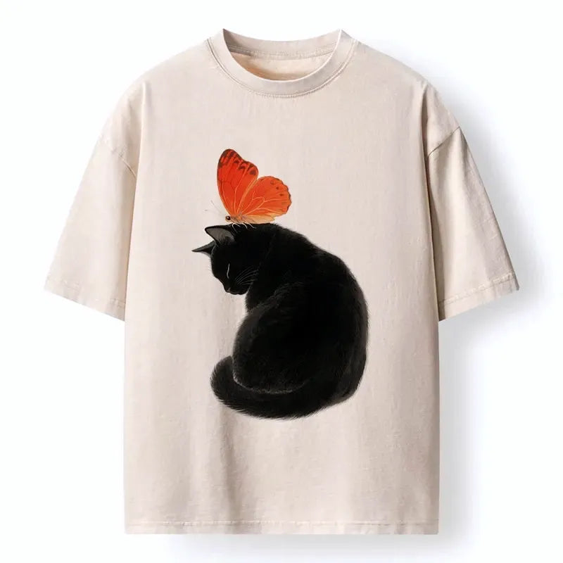 Japanese Black Cat Washed T-Shirt