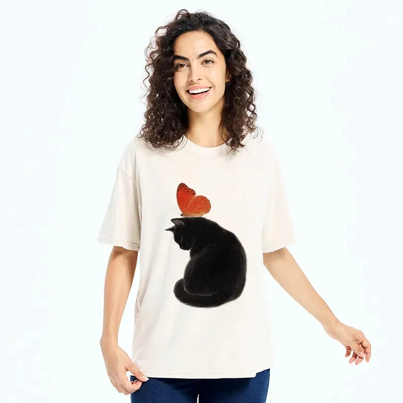 Kyoto-Lion Black Cat With Orange Butterfly Washed T-Shirt