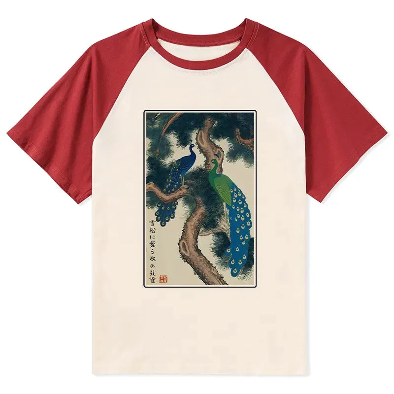 Kyoto-Lion Peacocks in Snowy Pines Raglan T-shirt