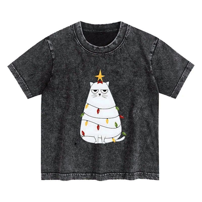 Kyoto-Lion Chubby Cat Celebrates Christmas Kids Washed T-Shirt