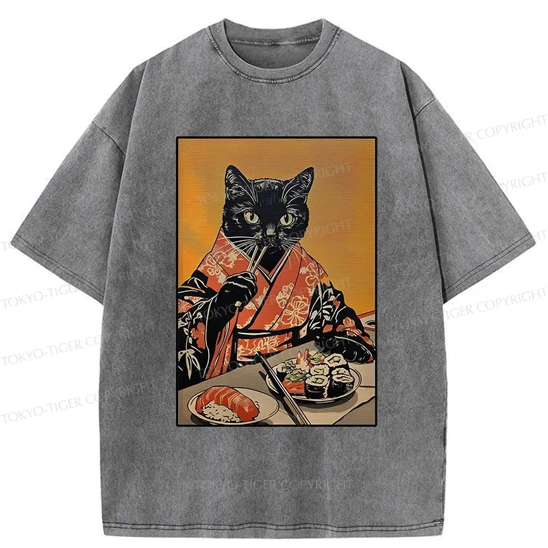 Kyoto-Lion Sushi Lover Black Cat Washed T-Shirt