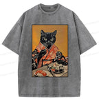 Kyoto-Lion Sushi Lover Black Cat Washed T-Shirt