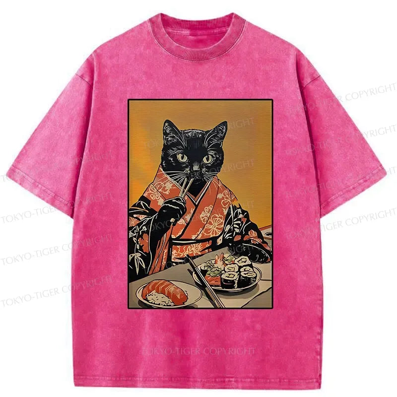Kyoto-Lion Sushi Lover Black Cat Washed T-Shirt