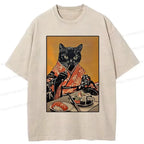 Kyoto-Lion Sushi Lover Black Cat Washed T-Shirt