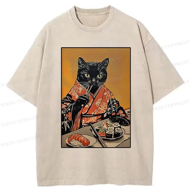 Kyoto-Lion Sushi Lover Black Cat Washed T-Shirt