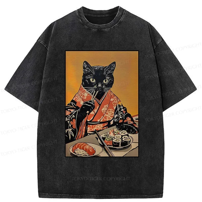 Japanese Black Cat Washed T-Shirt