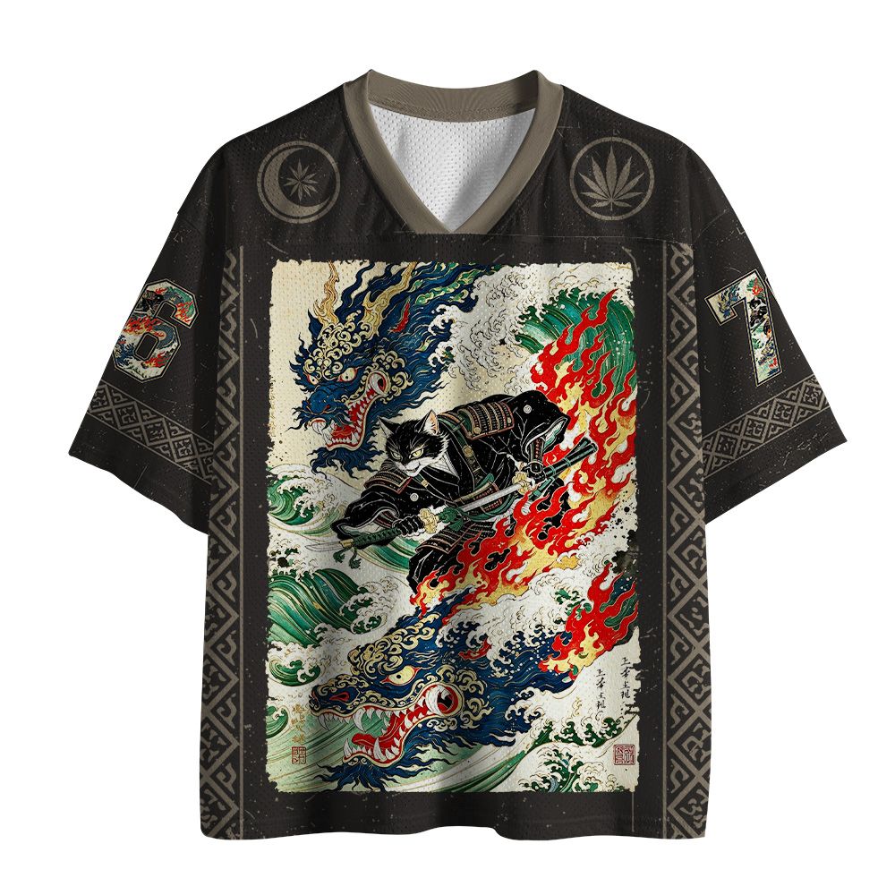 Kyoto-Lion Japanese Black Cat Dragon Samurai Mesh Jersey