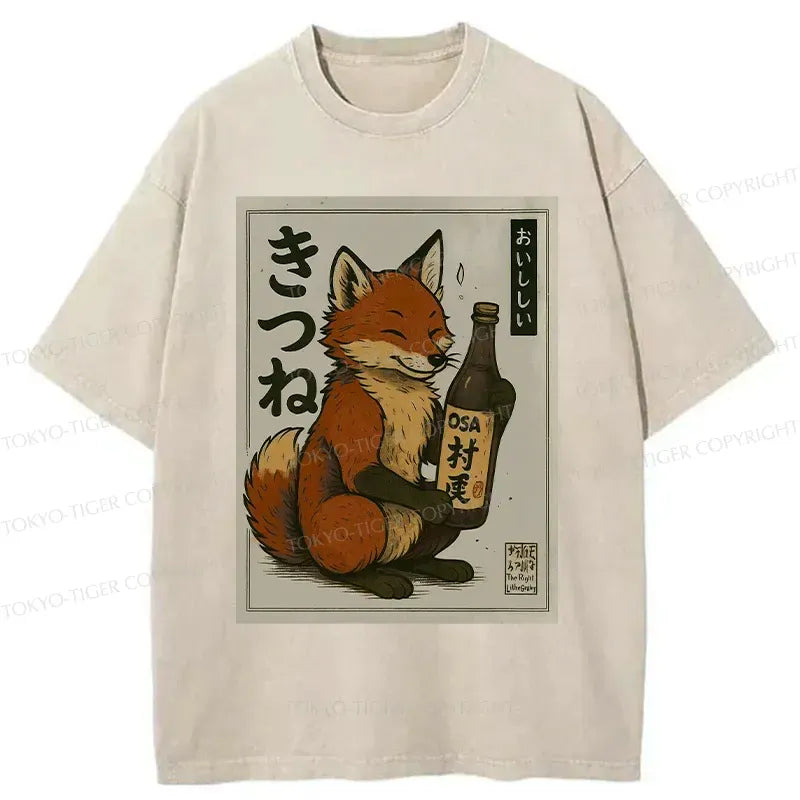 Kyoto-Lion Fox Holding Sake Washed T-Shirt