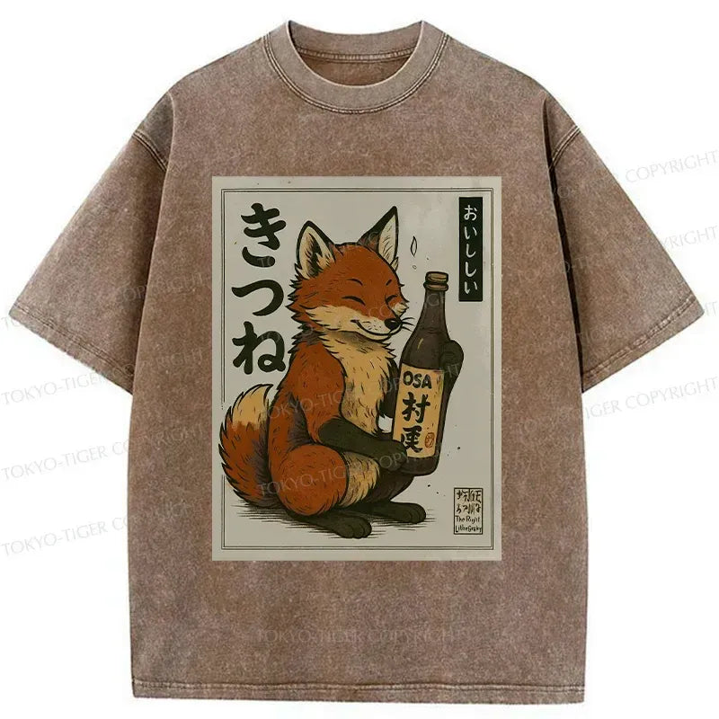 Kyoto-Lion Fox Holding Sake Washed T-Shirt