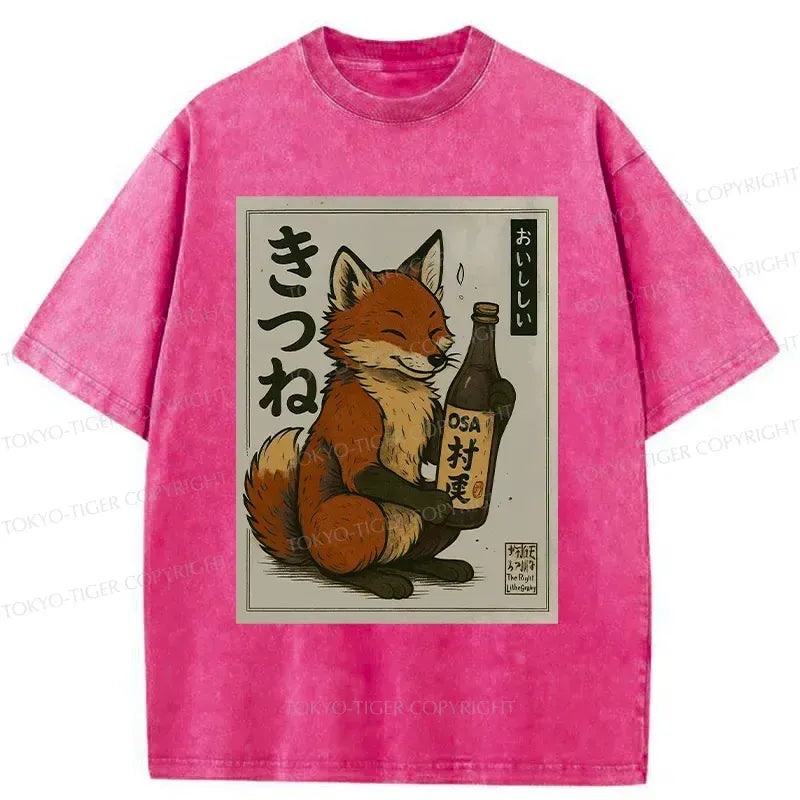 Kyoto-Lion Fox Holding Sake Washed T-Shirt