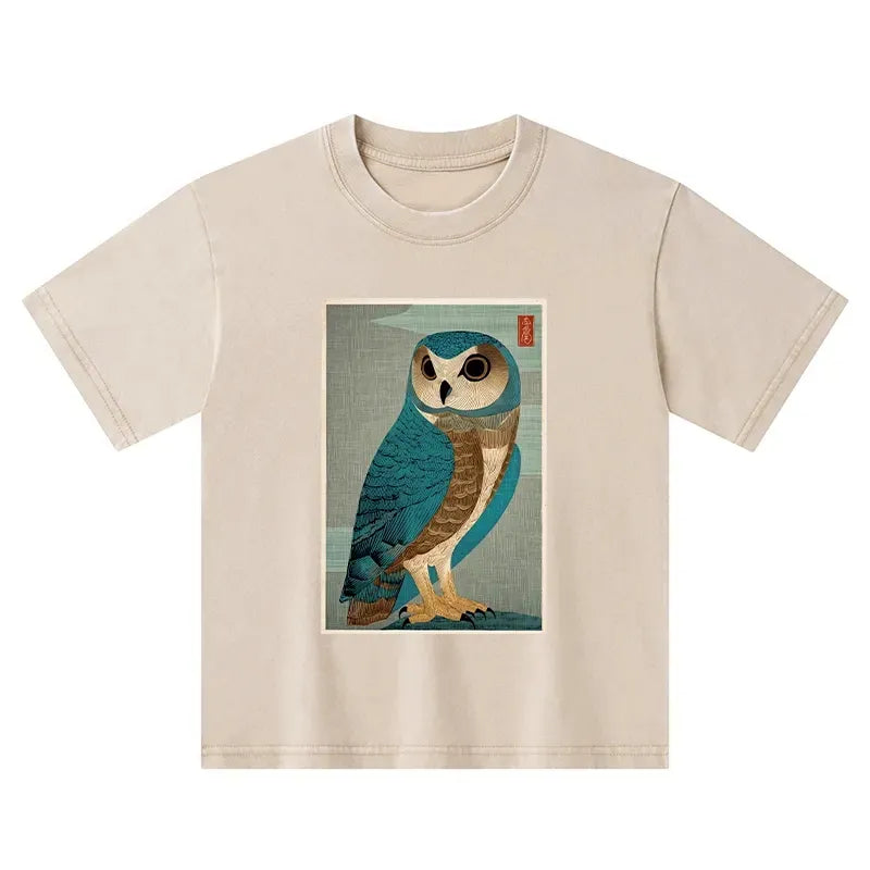 Kyoto-Lion Vintage Owl Woodblock Art Kids Washed T-Shirt