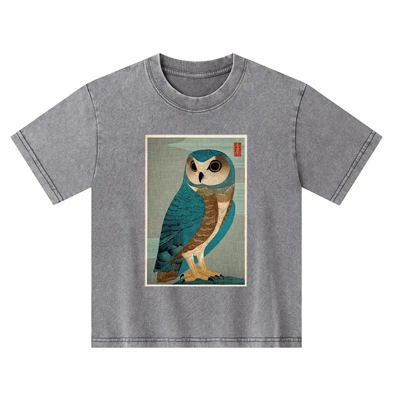 Kyoto-Lion Vintage Owl Woodblock Art Kids Washed T-Shirt