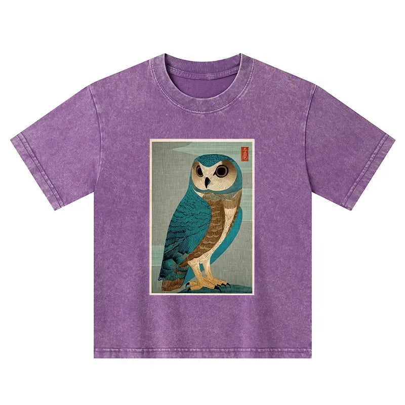 Kyoto-Lion Vintage Owl Woodblock Art Kids Washed T-Shirt