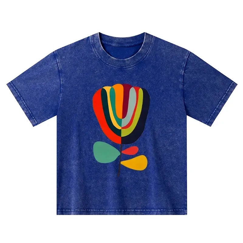 Kyoto-Lion Colorful Flower Minimalist Print Kids Washed T-Shirt