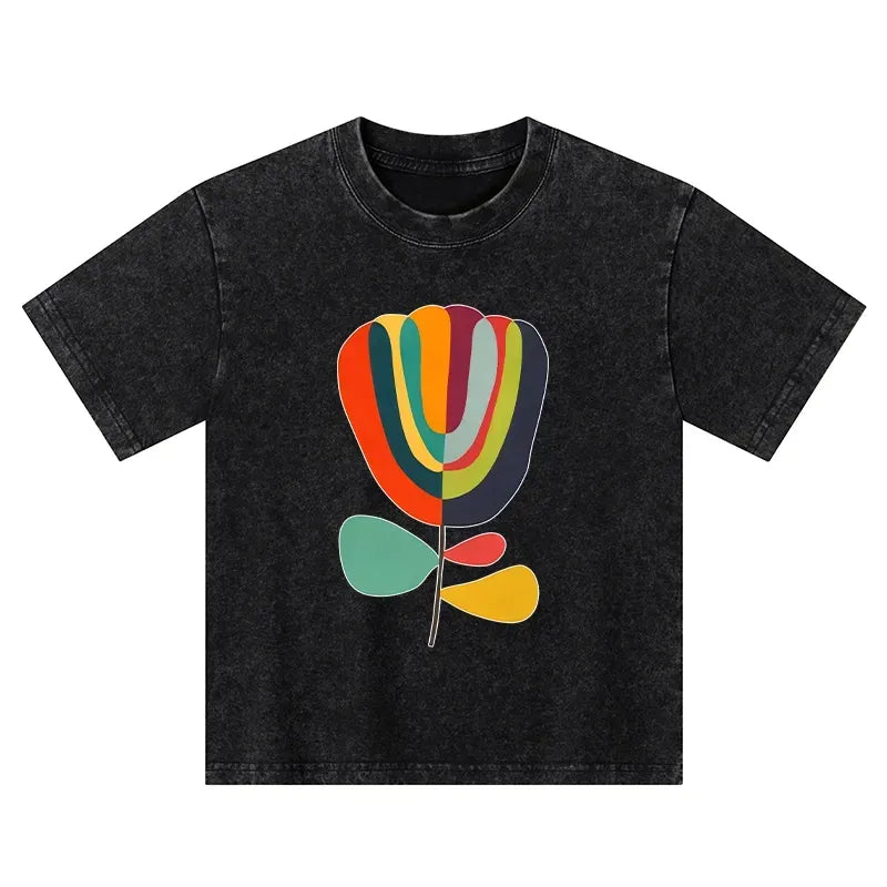 Kyoto-Lion Colorful Flower Minimalist Print Kids Washed T-Shirt