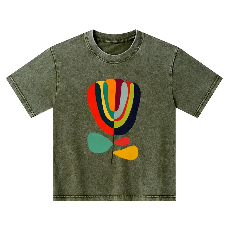 Kyoto-Lion Colorful Flower Minimalist Print Kids Washed T-Shirt