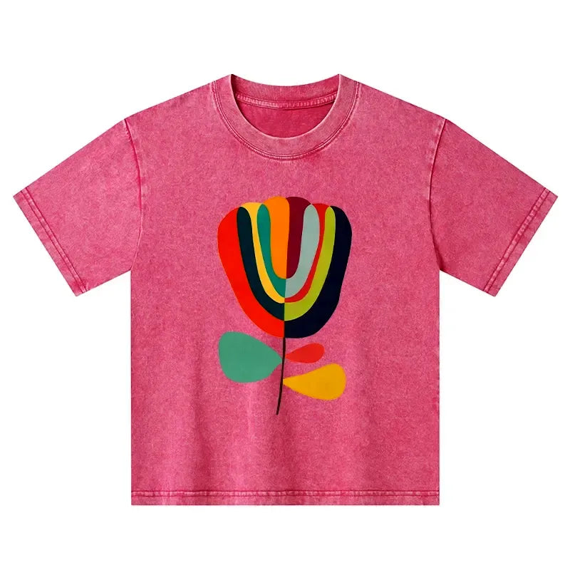 Kyoto-Lion Colorful Flower Minimalist Print Kids Washed T-Shirt