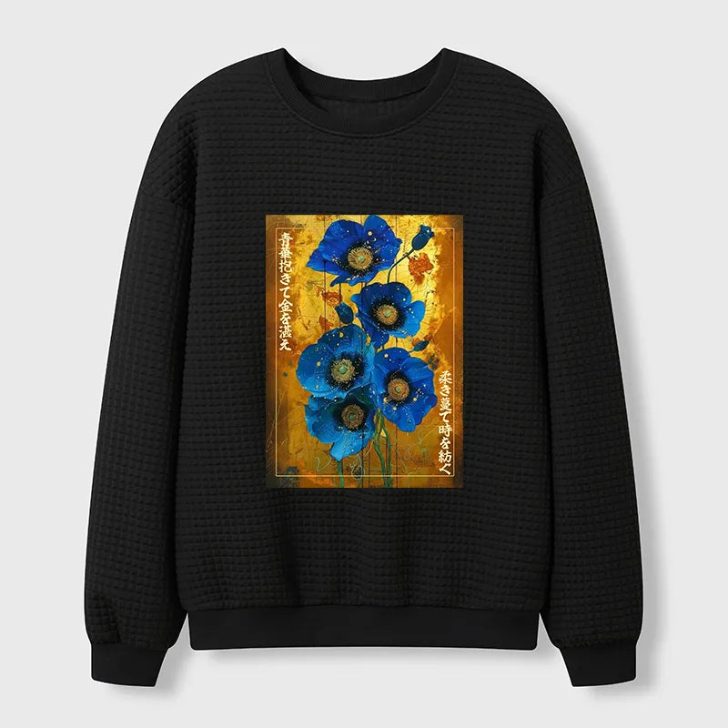 Kyoto-Lion Shiny Blue Flower Warm Golden Background Waffle Sweatshirt