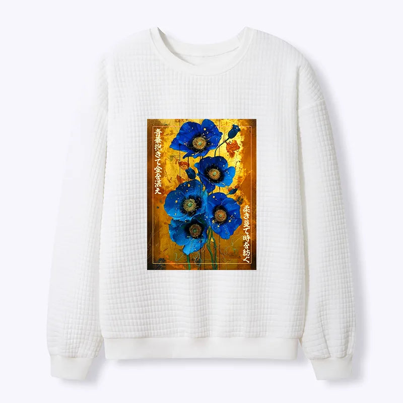 Kyoto-Lion Shiny Blue Flower Warm Golden Background Waffle Sweatshirt