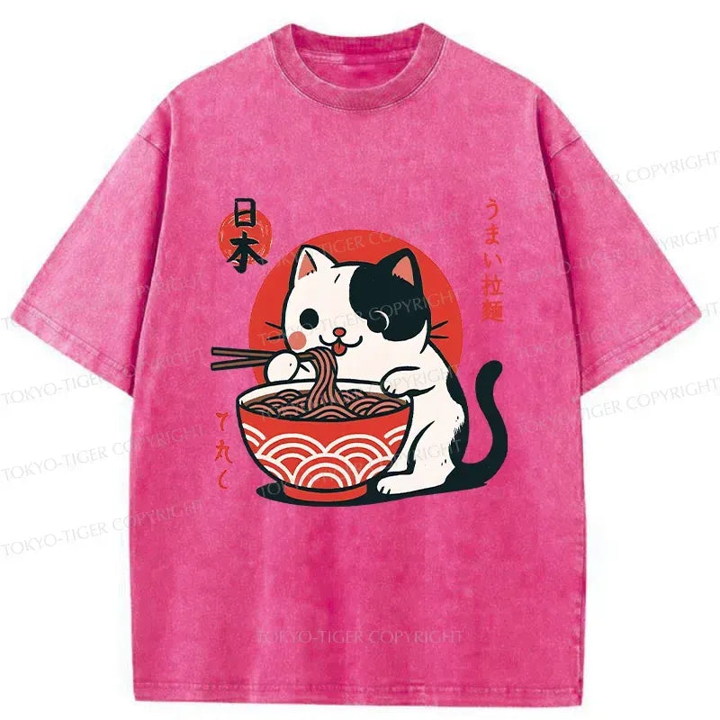 Kyoto-Lion Cute Kitten Eating Ramen Washed T-Shirt