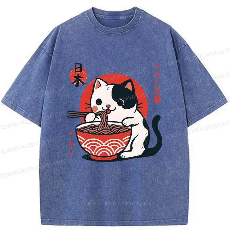 Washed Japanese Cat Tee for Daily Wear