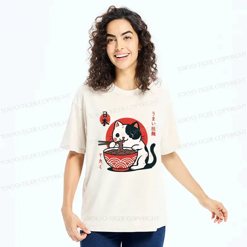 Kyoto-Lion Cute Kitten Eating Ramen Washed T-Shirt