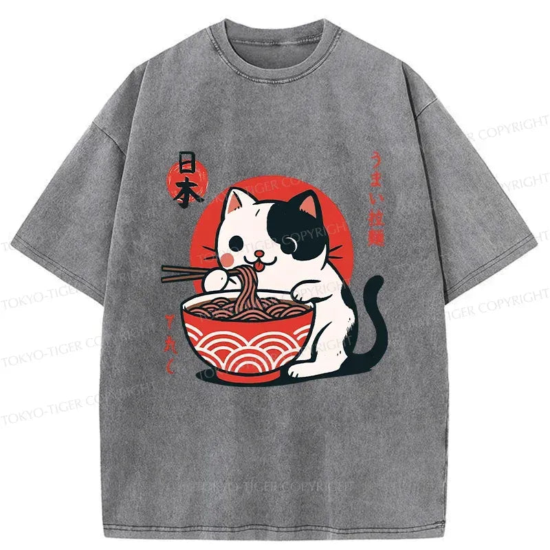 Kyoto-Lion Cute Kitten Eating Ramen Washed T-Shirt