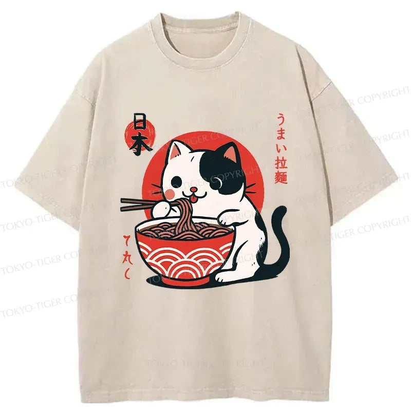 Washed Japanese Cat Tee for Daily Wear