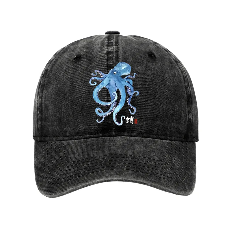 Kyoto-Lion Watercolor Blue Octopus Washed Cap