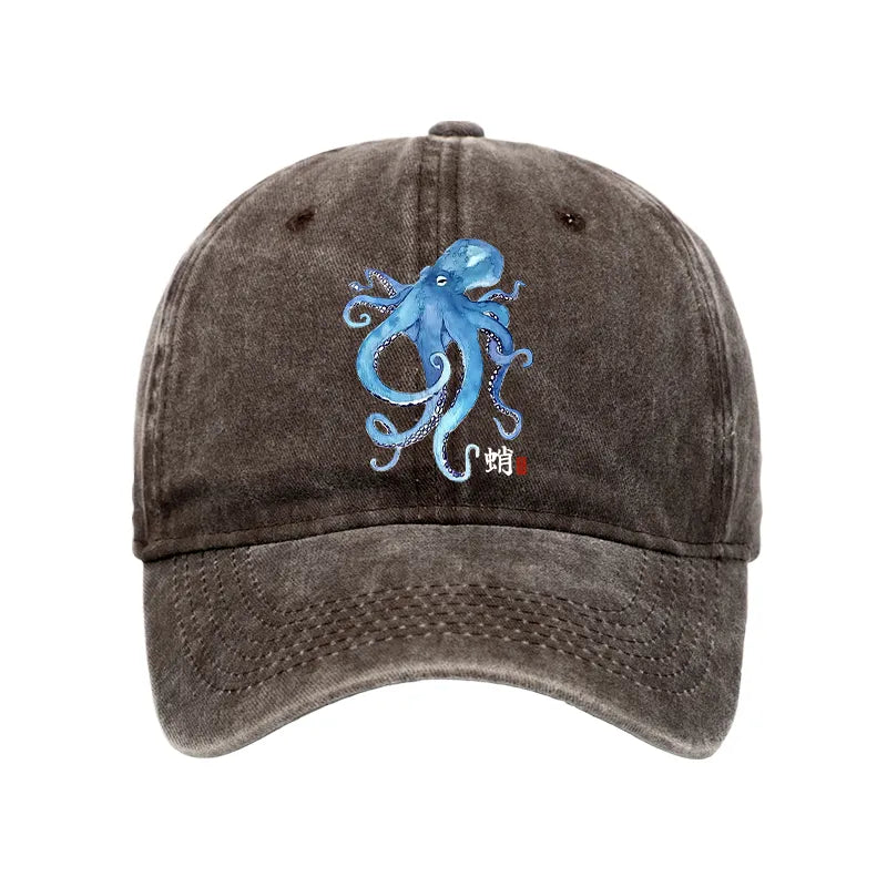 Kyoto-Lion Watercolor Blue Octopus Washed Cap