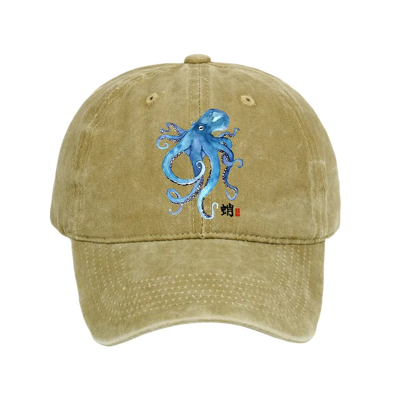 Kyoto-Lion Watercolor Blue Octopus Washed Cap