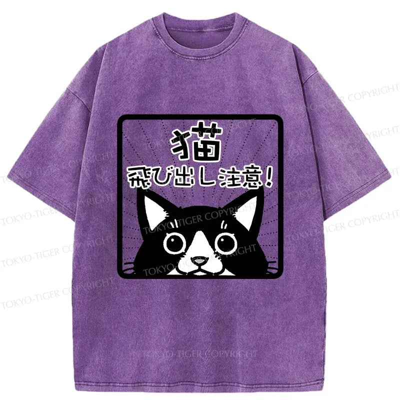 Kyoto-Lion Be Careful Of Cats Flying Out Washed T-Shirt