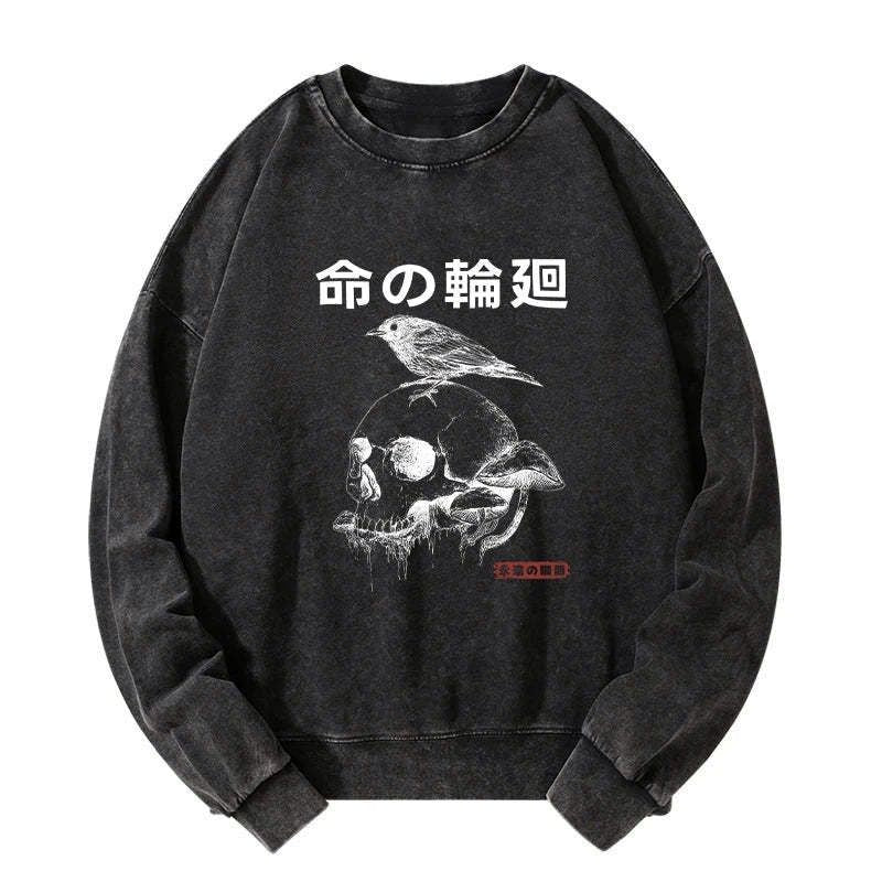 Kyoto-Lion Mushroom Skull Manga Horror Print Washed Sweatshirt