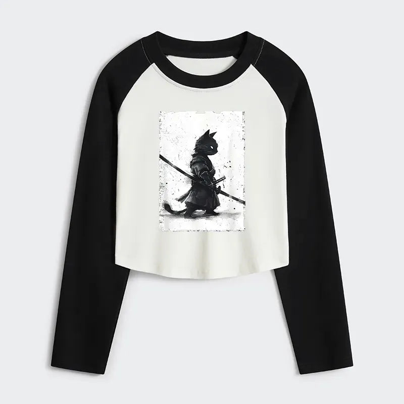 Japanese Samurai Cat Crop Tee with Free Shipping